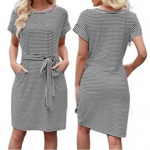 MEROKEETY Women's Striped Tie Waist Short Sleeve T-Shirt Dress With Pockets